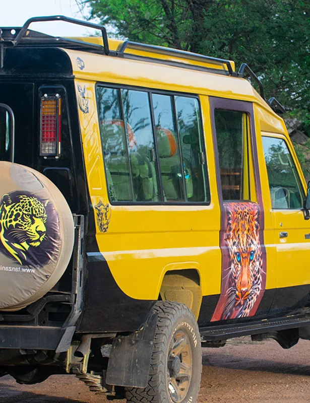 Multi-generational family on a luxury safari vehicle